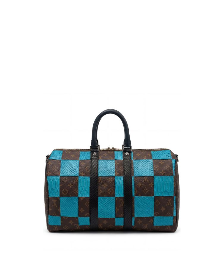 Philip Karto PK.05 Square Python Speedy bag in blue with patchwork python leather grid on vintage Louis Vuitton monogram canvas