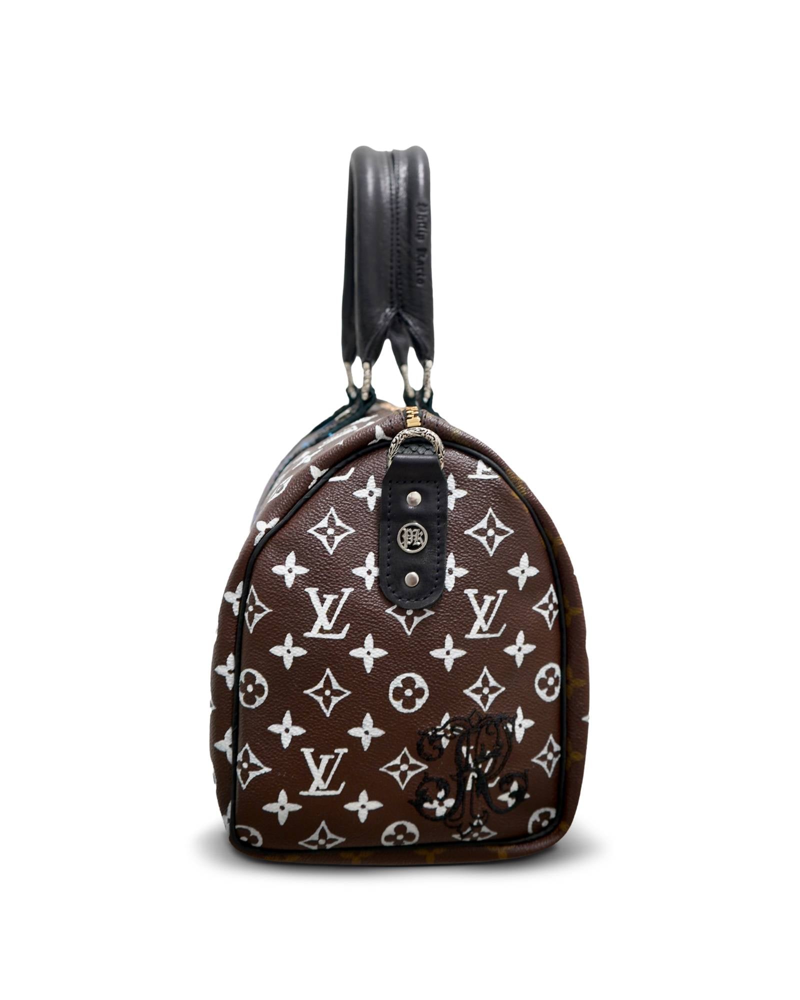 Philip Karto PK.02 Rainbow Speedy bag hand-painted on vintage Louis Vuitton monogram canvas, multicolor rainbow edition - lateral detail of the bag with PK grommet on the white side