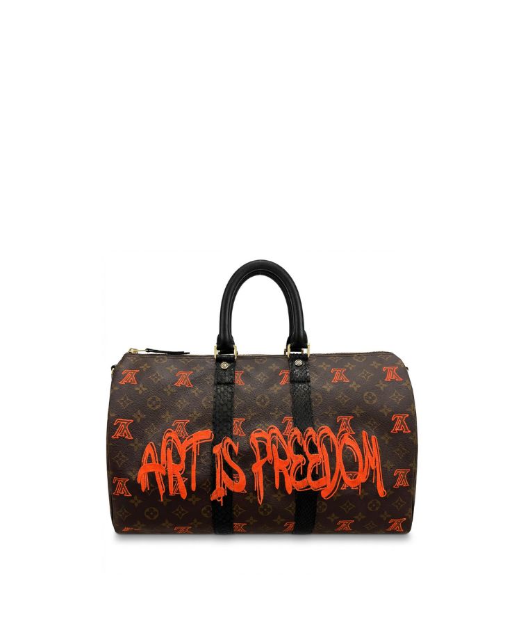 Philip Karto PK.04 Art Is Freedom Speedy bag with embroidered statement in orange on vintage Louis Vuitton monogram canvas