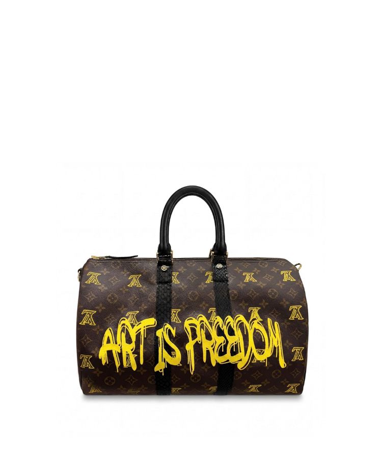 Philip Karto PK.04 Art Is Freedom Speedy bag with embroidered statement in yellow on vintage Louis Vuitton monogram canvas
