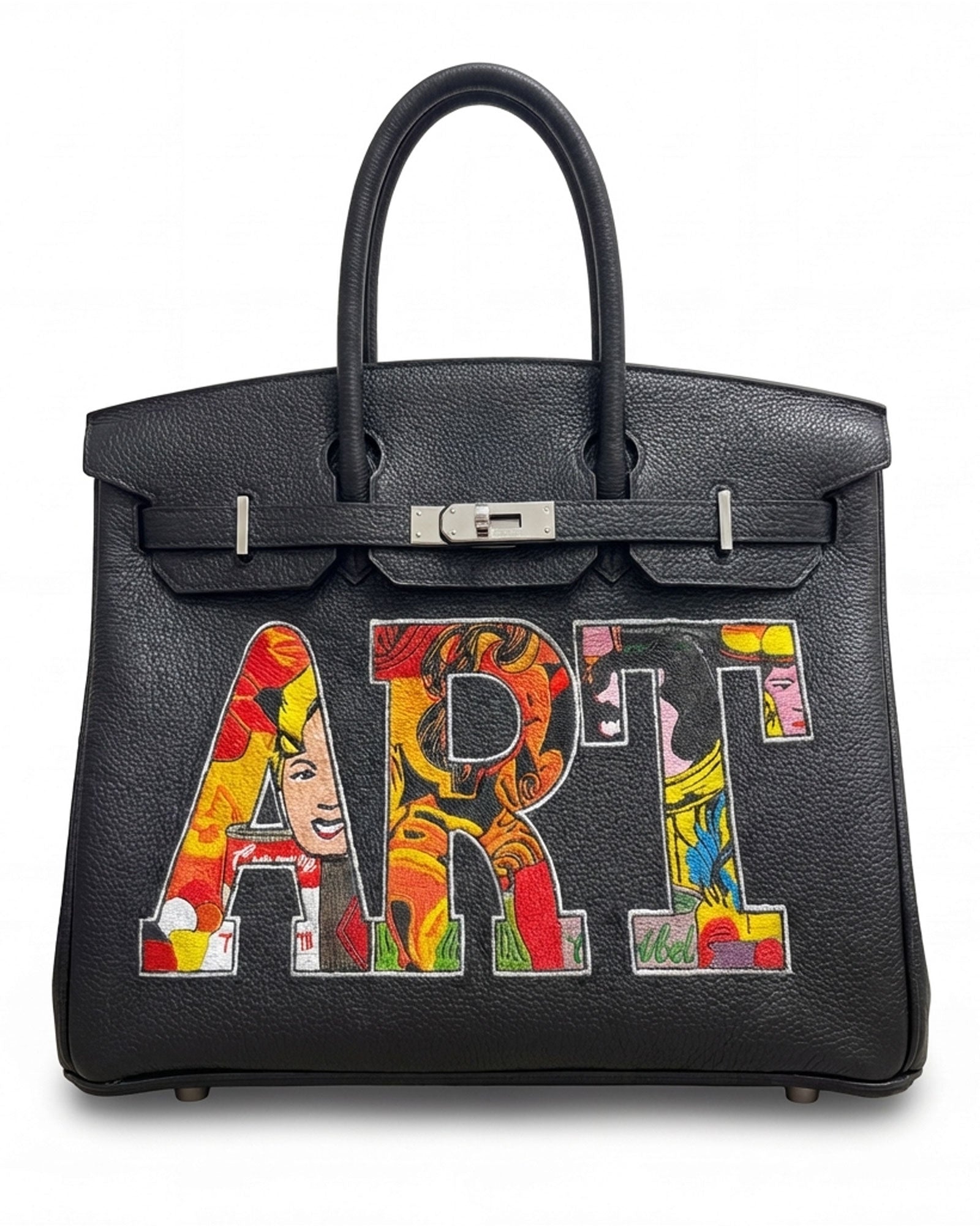 Philip Karto PK.03 Pop Art Birkin bag with hand-painted ART letterforms filled with pop culture imagery on black Hermès leather