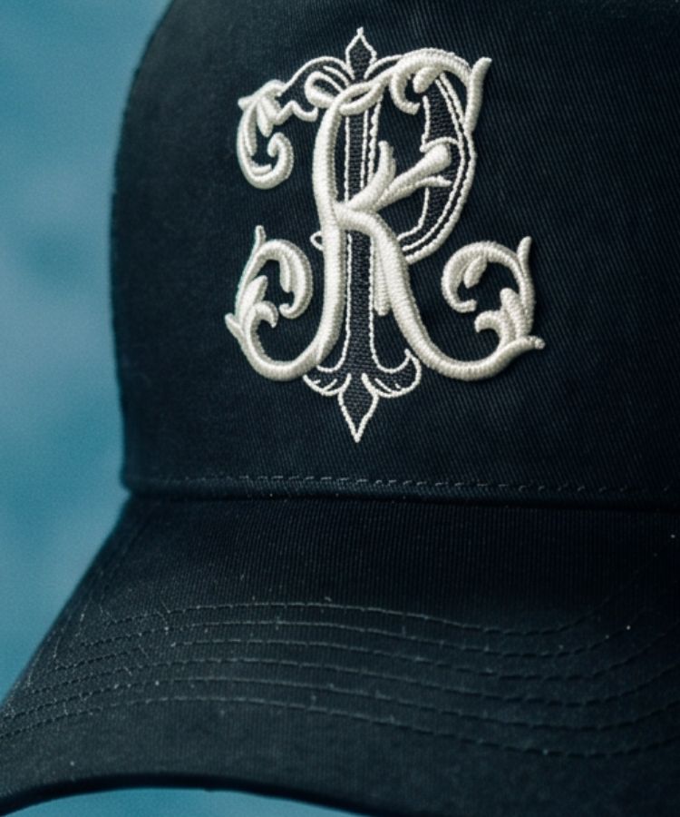 Black cap with an embroidered white PK logo by Philip Karto on a blurred blue background