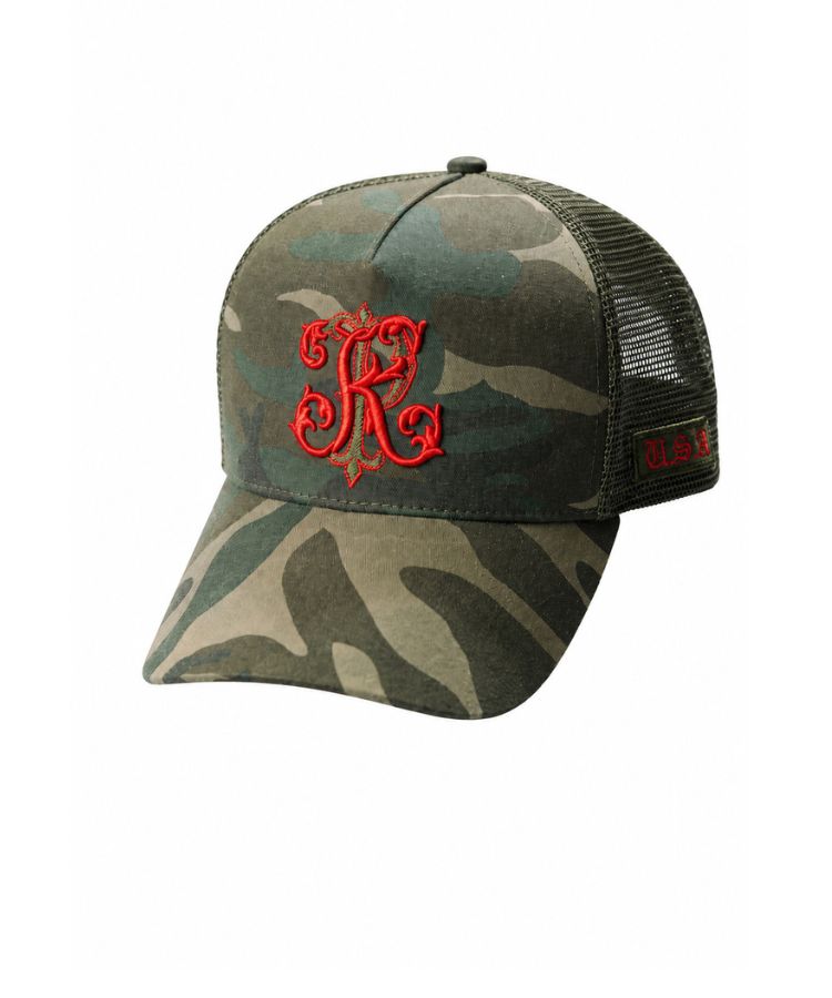 Camouflage trunker Cap "Not For Everyone" Model by Philip Karto with red orange embroidered logo