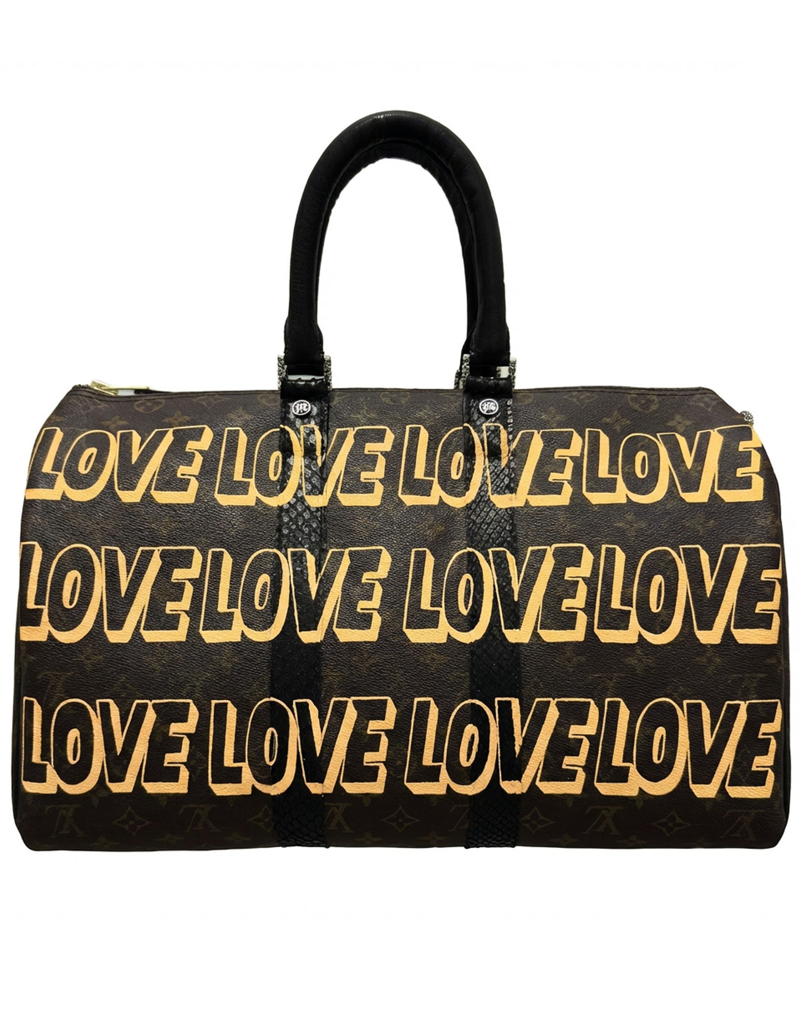 Philip Karto PK.03 LOVE Keepall bag in beige hand-painted with repeated LOVE lettering on vintage Louis Vuitton monogram canvas