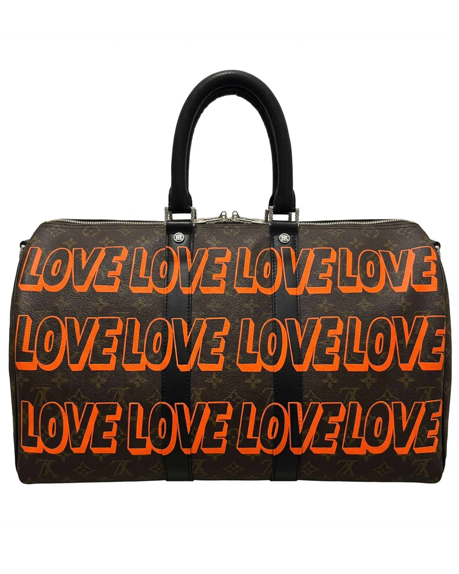 Philip Karto PK.03 LOVE Keepall bag in orange hand-painted with repeated LOVE lettering on vintage Louis Vuitton monogram canvas