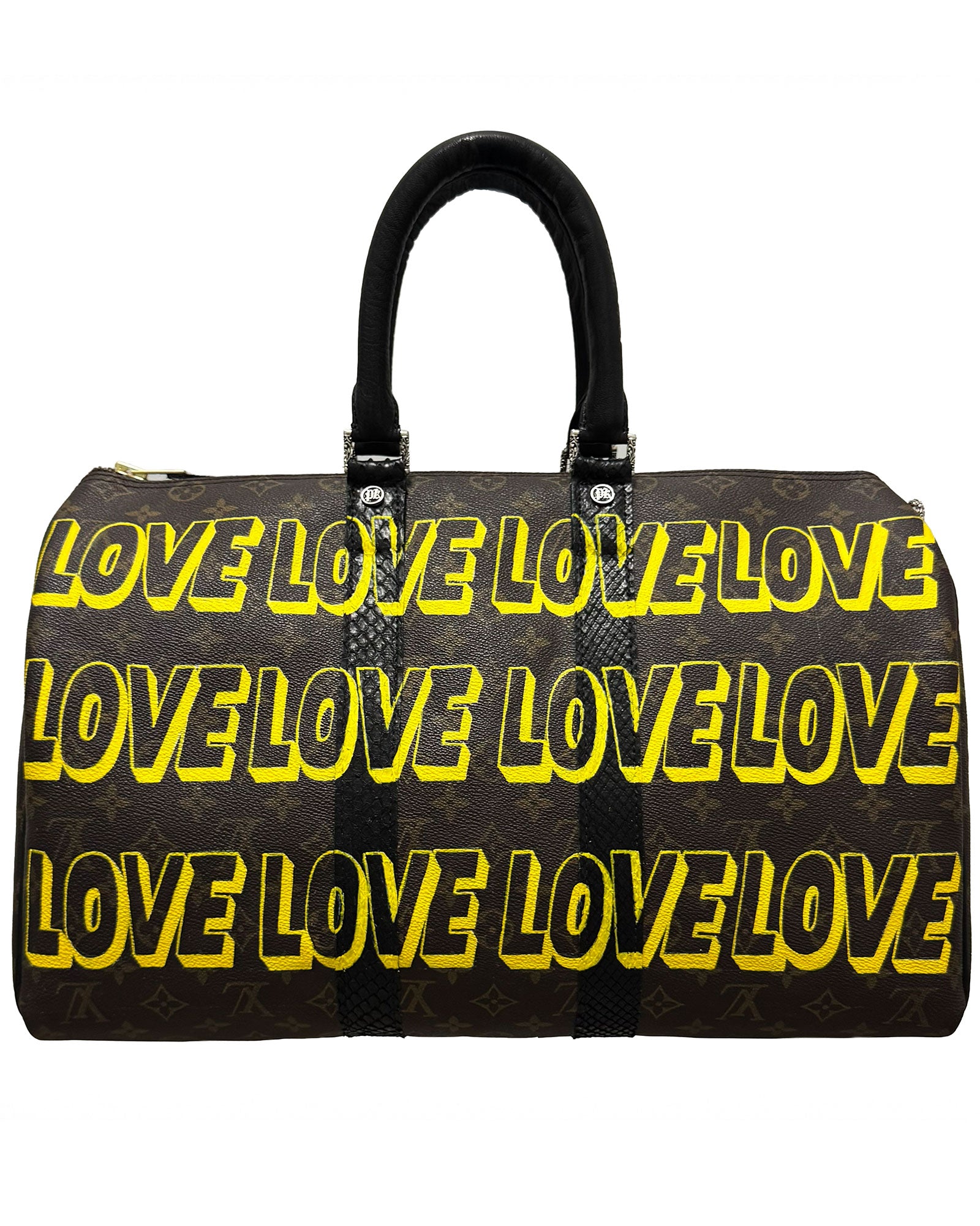Philip Karto PK.03 LOVE Keepall bag in yellow hand-painted with repeated LOVE lettering on vintage Louis Vuitton monogram canvas