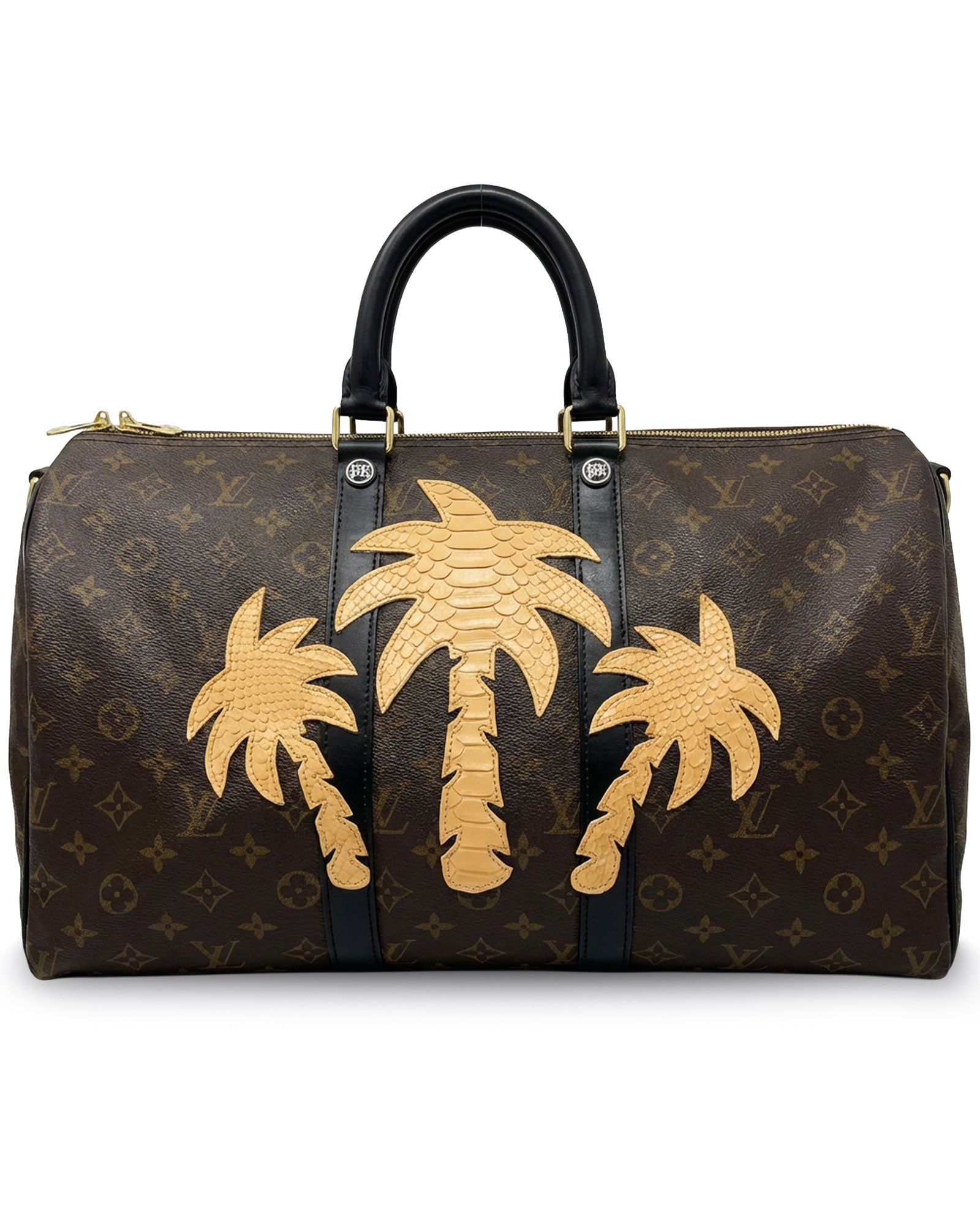 Philip Karto PK.05 Palms Python Keepall bag with python leather palm patches in beige on vintage Louis Vuitton monogram canvas