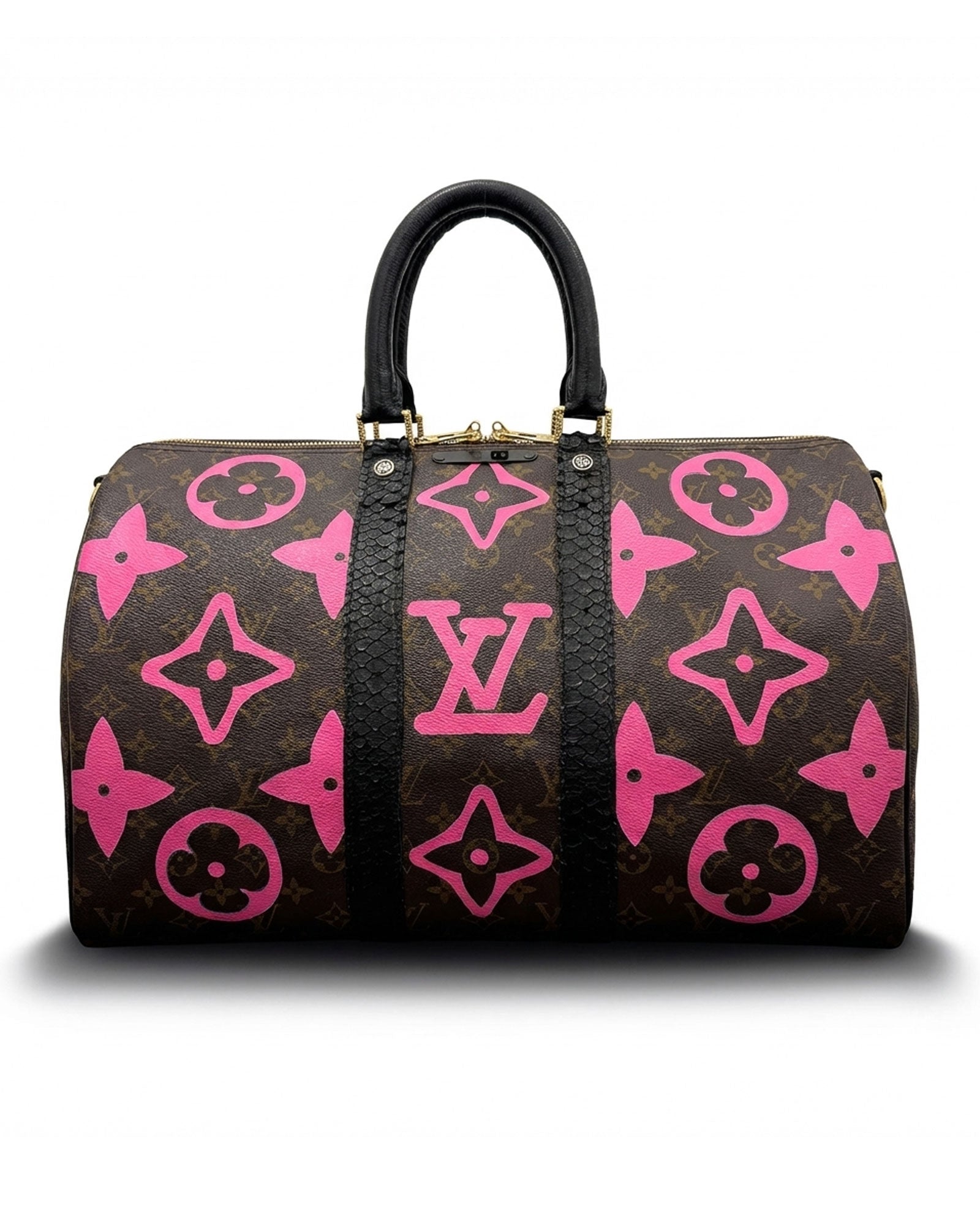 Keepall Louis Vuitton vintage travel bag, Model STARS from Pk.02 painted edition, front side with large painted LV symbols in pink, reinterpreted by Philip Karto