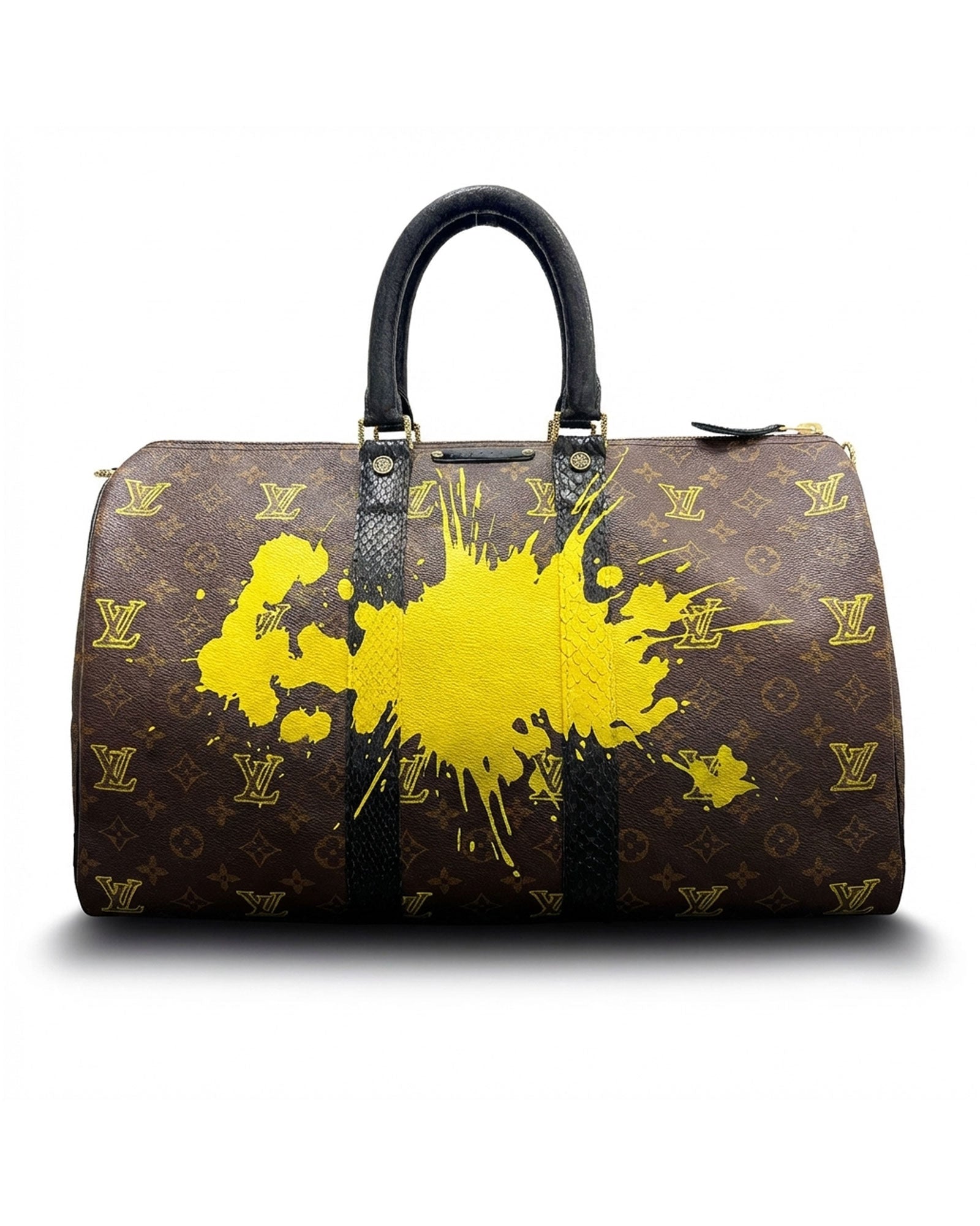 Keepall Louis Vuitton luxury vintage bag, Model Art Is Freedom from Pk.01 painted collection, back side in yellow with painting splash reinterpreted by Philip Karto