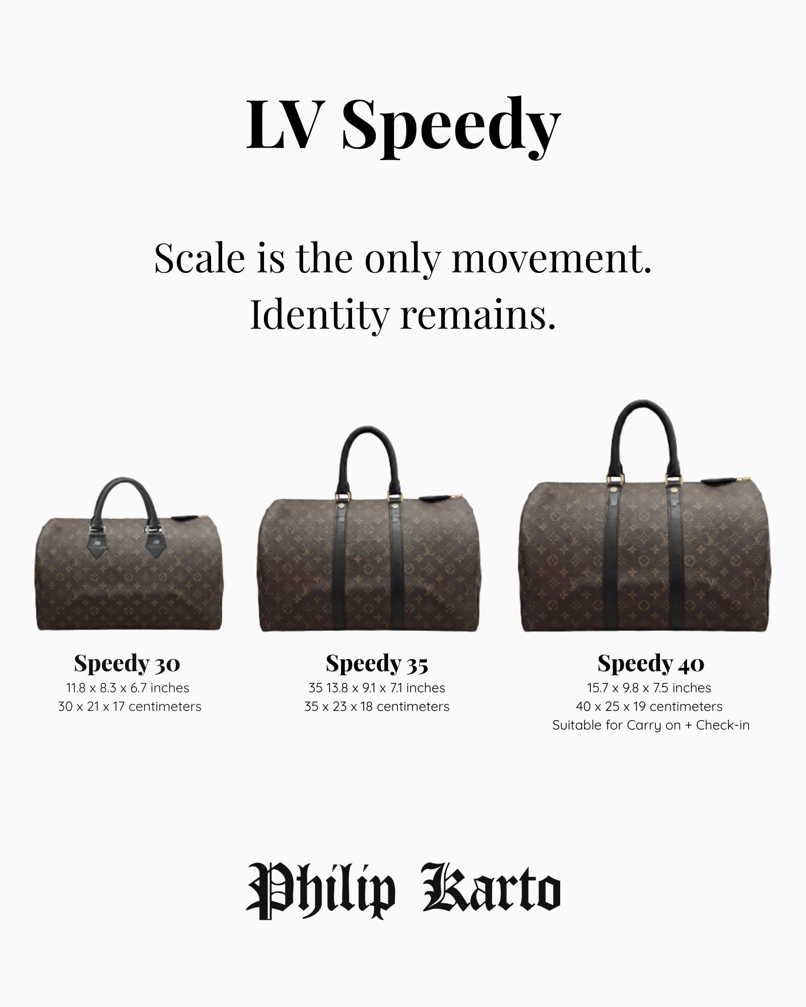 Three Louis Vuitton Speedy bags with dimensions and Philip Karto branding.