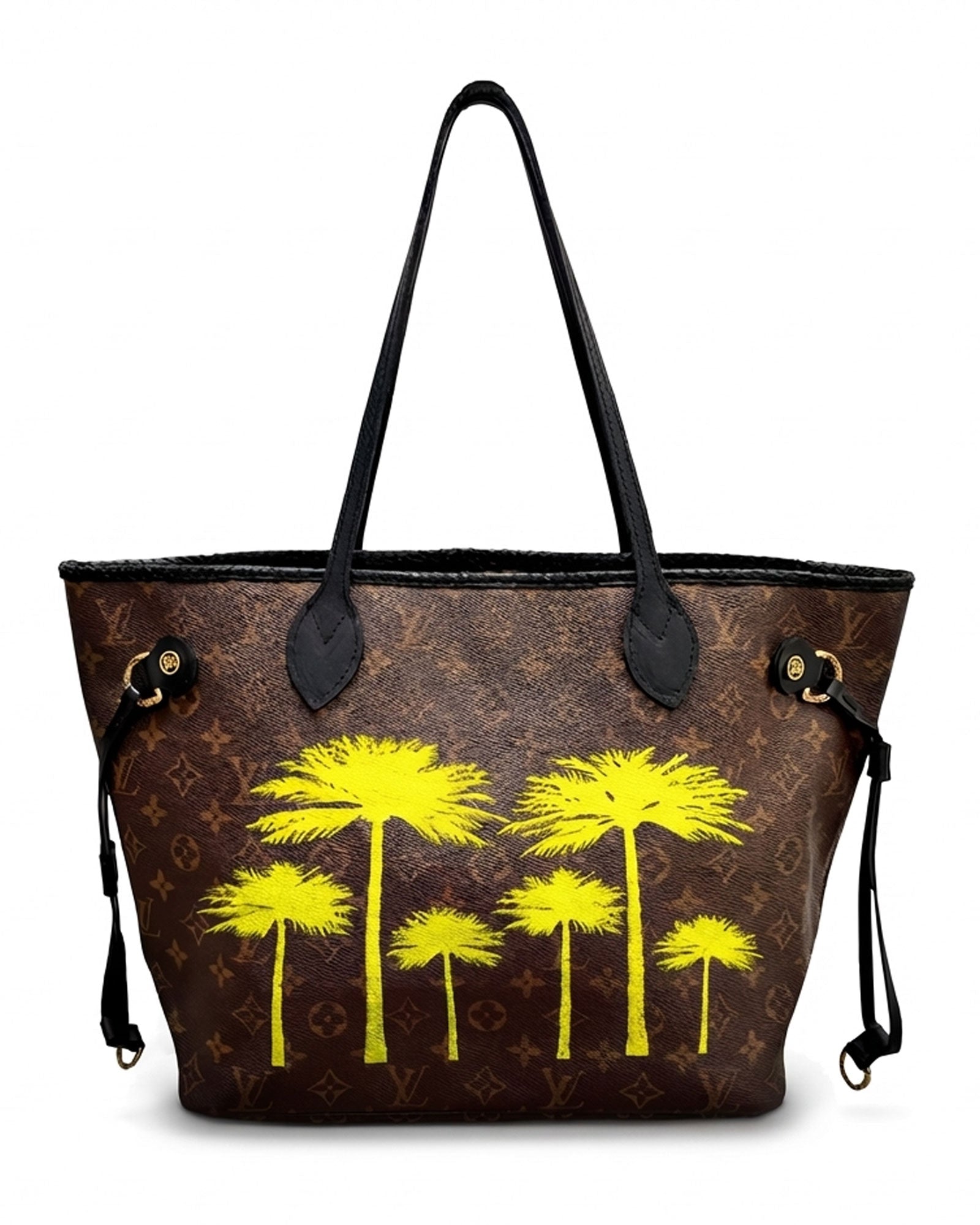 Neverfull Louis Vuitton timeless vintage tote bag, Model PALMS from PK.02 painted edition, back side in yellow with painted squares reinterpreted by Philip Karto