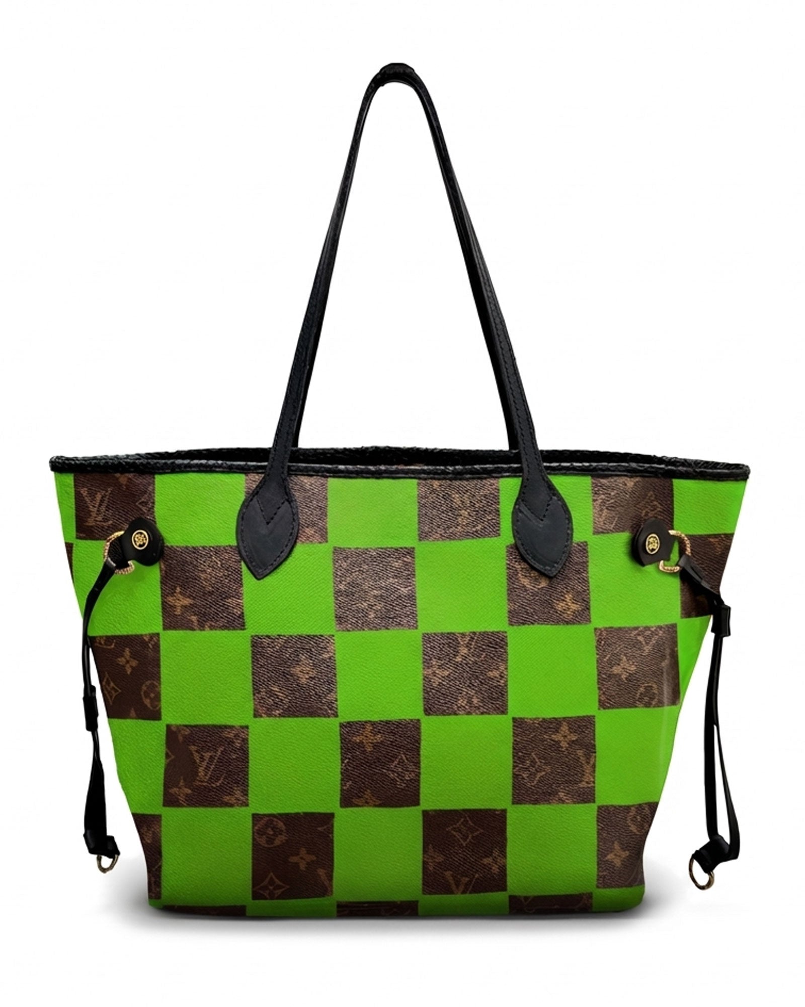 Neverfull Louis Vuitton luxury vintage tote bag, Model SQUARE from Pk.02 painted edition, back side in green with painted squares reinterpreted by Philip Karto