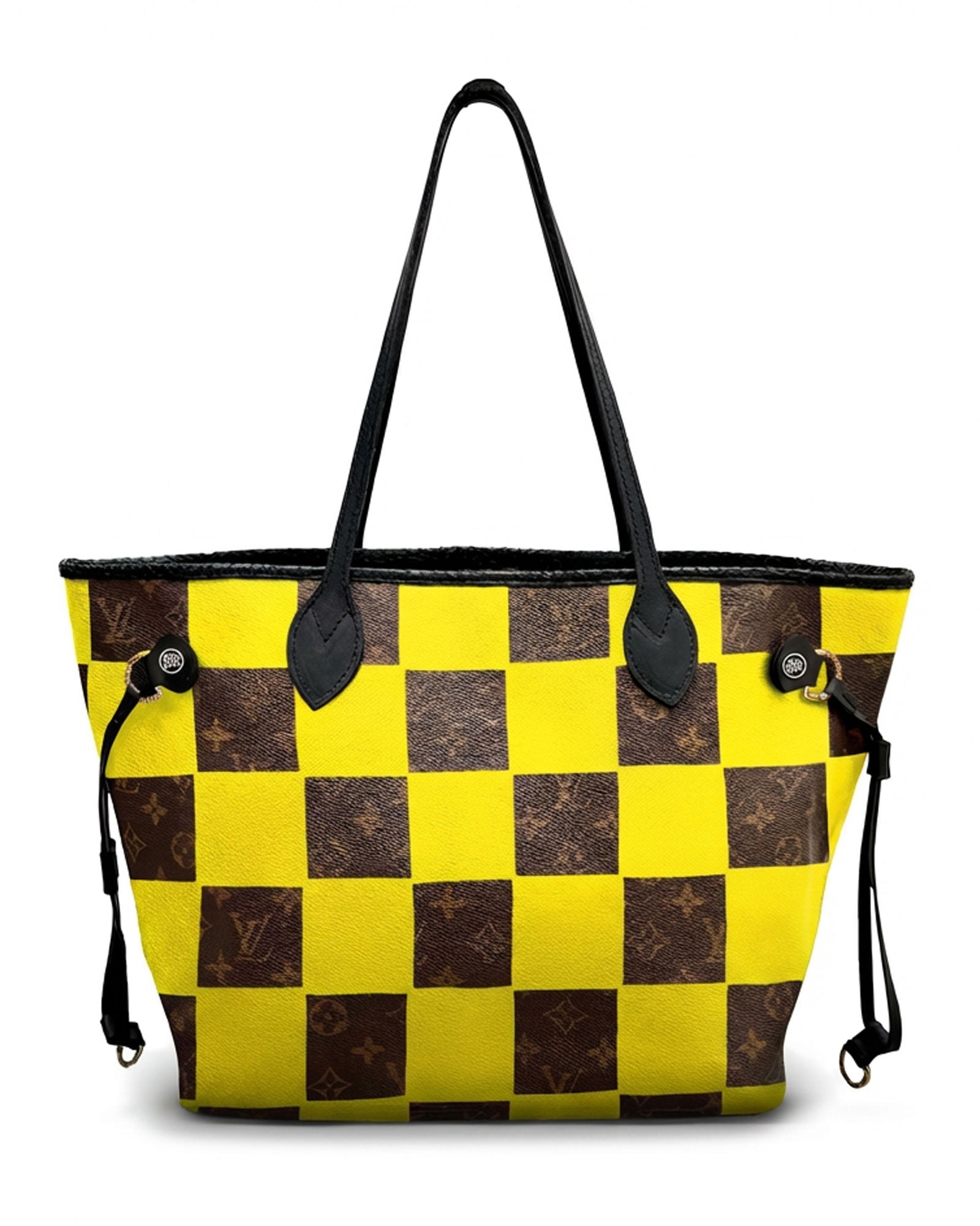 Neverfull Louis Vuitton luxury vintage tote bag, Model SQUARE from Pk.02 painted edition, back side in yellow with painted squares reinterpreted by Philip Karto