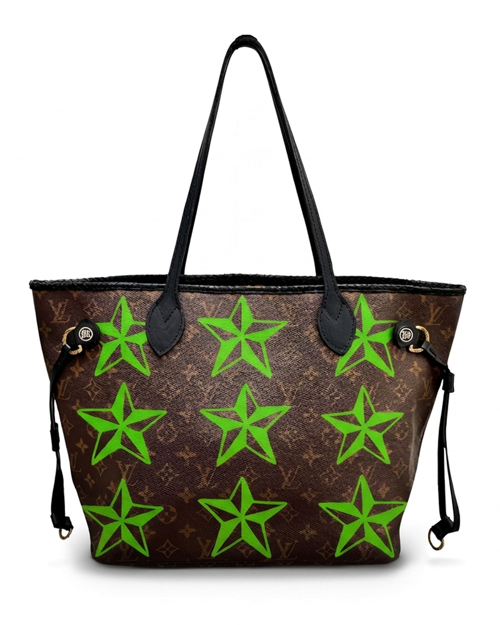 Neverfull Louis Vuitton iconic vintage tote bag, Model STARS from Pk.02 painted edition, back side in green with painted squares reinterpreted by Philip Karto