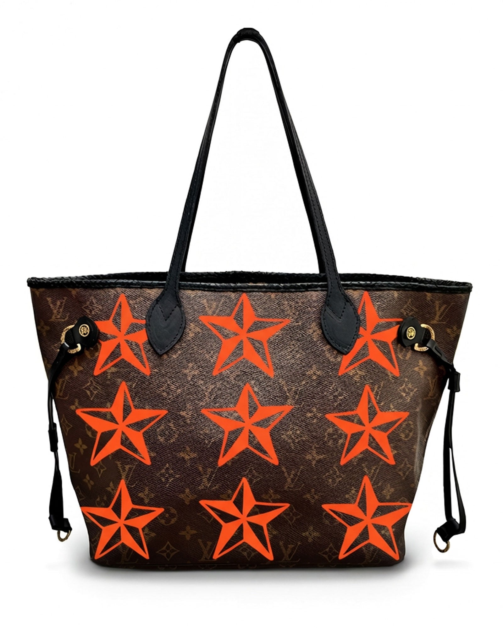 Neverfull Louis Vuitton iconic vintage tote bag, Model STARS from Pk.02 painted edition, back side in pink with painted squares reinterpreted by Philip Karto
