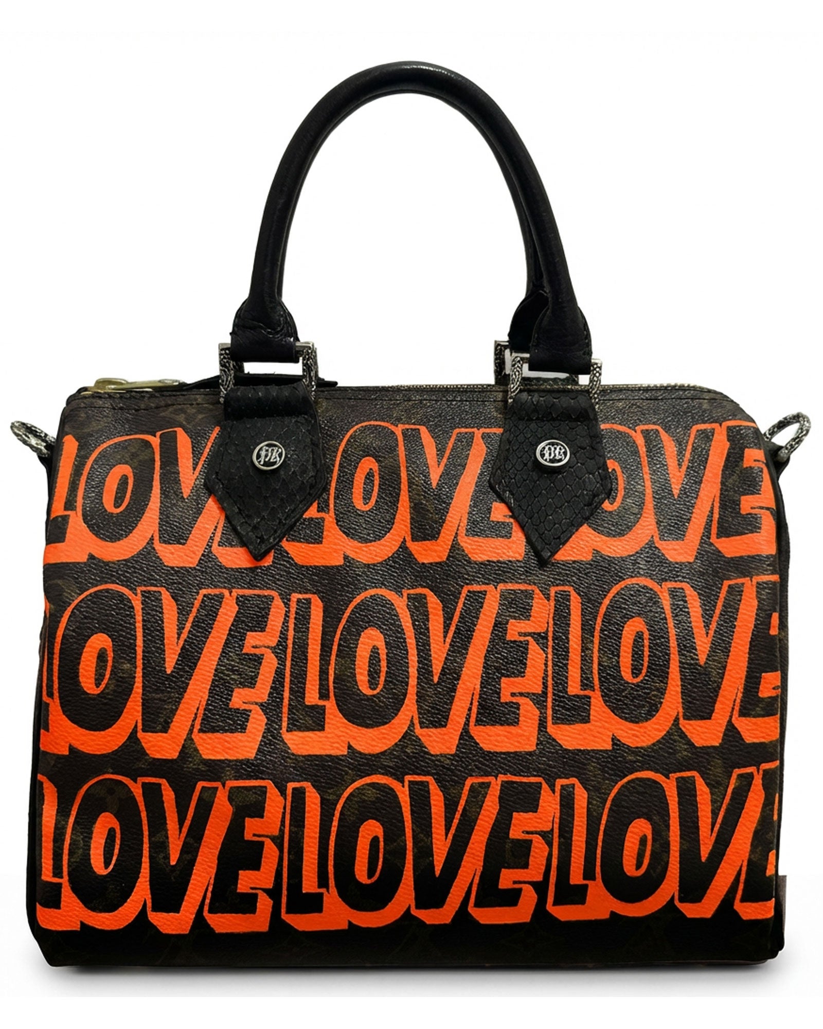Philip Karto PK.03 LOVE Speedy bag in orange, hand-painted on vintage Louis Vuitton monogram canvas