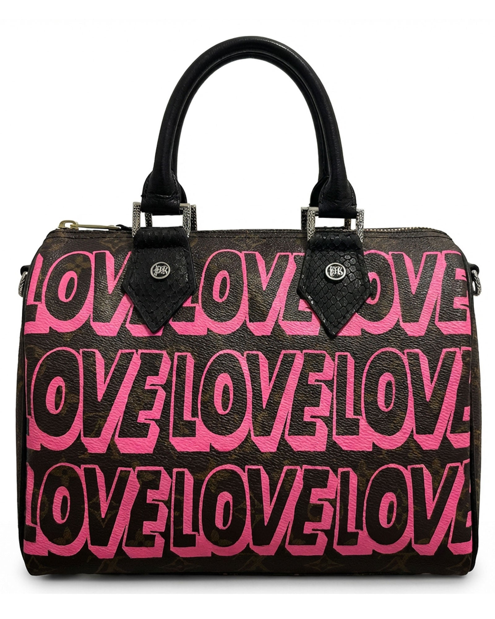Philip Karto PK.03 LOVE Speedy bag in pink, hand-painted on vintage Louis Vuitton monogram canvas