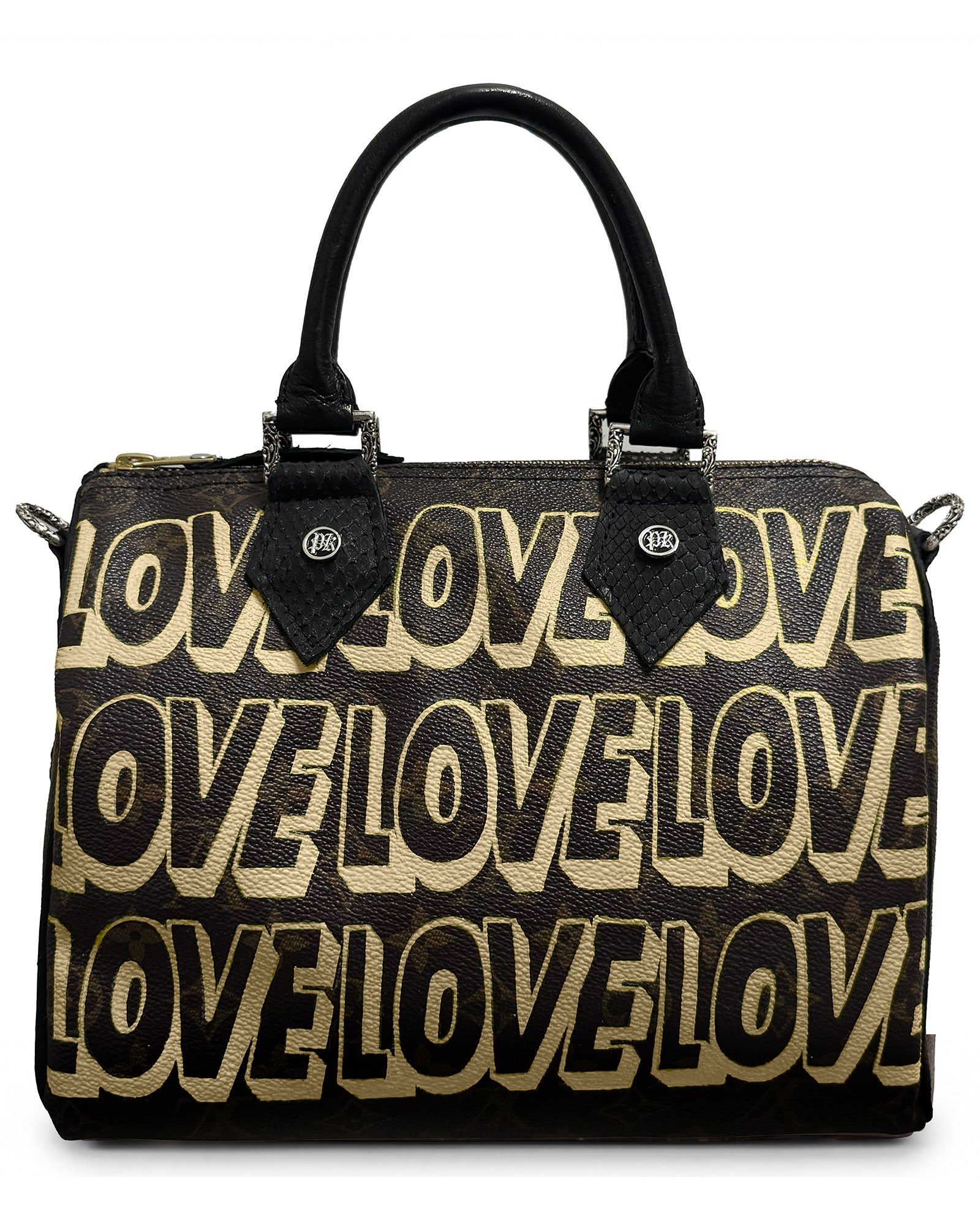 Philip Karto PK.03 LOVE Speedy bag in beige, hand-painted on vintage Louis Vuitton monogram canvas