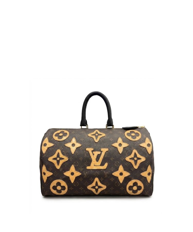 Philip Karto PK.05 Palms Python Speedy bag in beige with python leather LV pattern patches on the back side of a vintage Louis Vuitton monogram canvas
