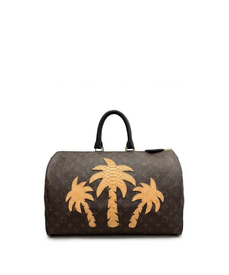 Philip Karto PK.05 Palms Python Speedy bag in beige with python leather palm patches on vintage Louis Vuitton monogram canvas