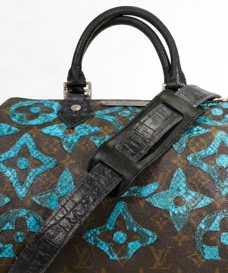Philip Karto PK.05 Python Speedy bag in blue with Python leather LV pattern patch details of the removable shoulder strap