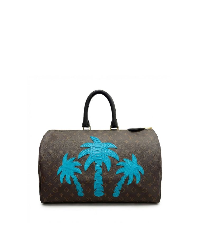 Philip Karto PK.05 Palms Python Speedy bag in blue with python leather palm patches on vintage Louis Vuitton monogram canvas