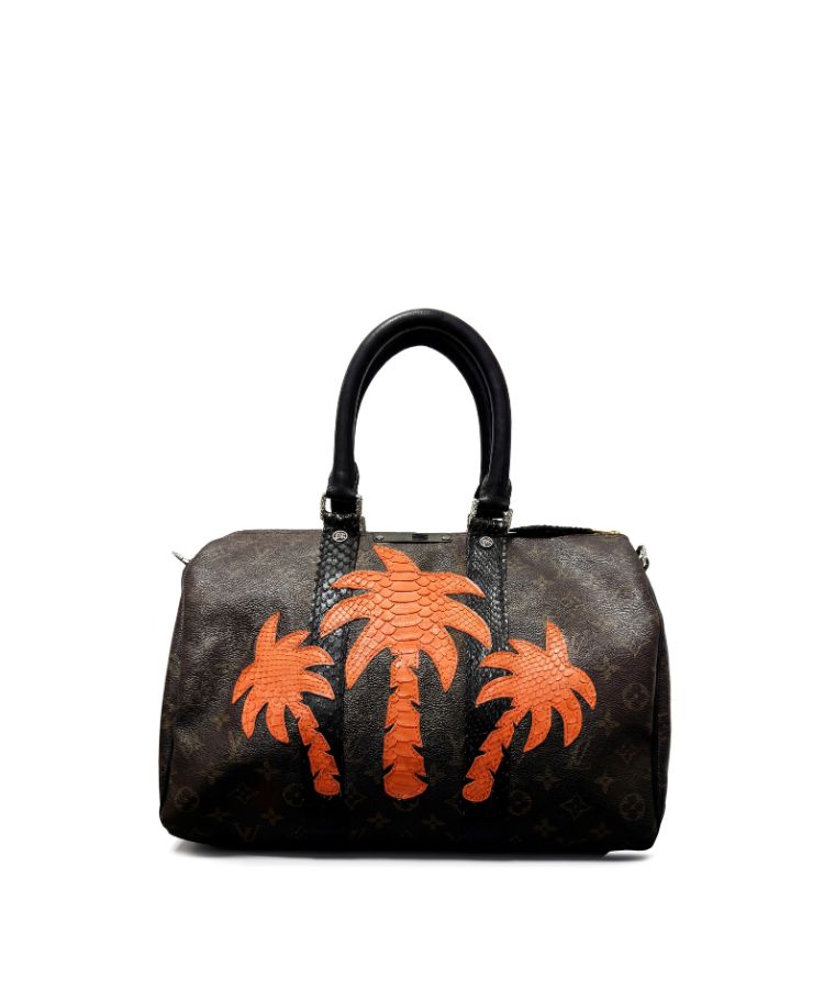 Philip Karto PK.05 Palms Python Speedy bag in orange with python leather palm patches on vintage Louis Vuitton monogram canvas