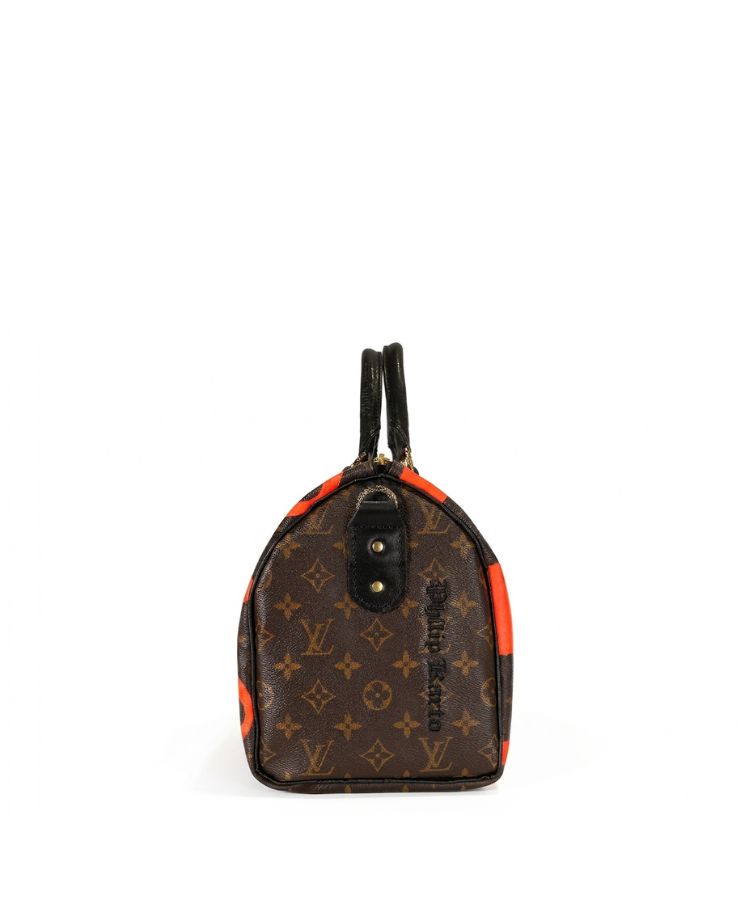Philip Karto PK.05 Python Louis Vuitton Speedy bag with python leather LV pattern patches side viewide view with the embroidered brand Philip Karto