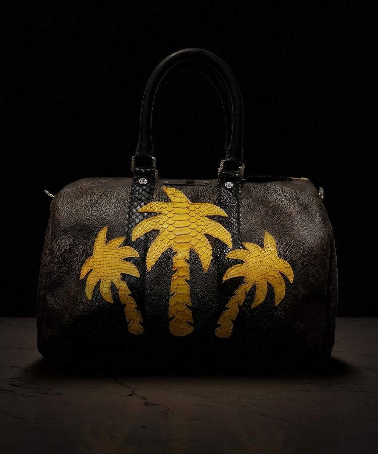 Philip Karto PK.05 Palms Python Speedy bag in yellow with python leather palm patches on vintage Louis Vuitton monogram canvas