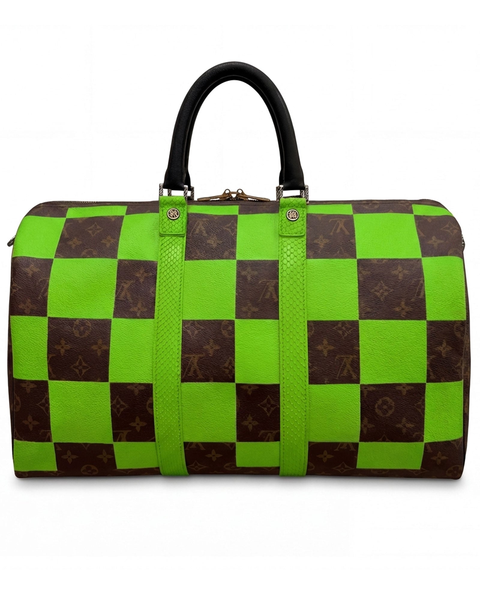 Speedy Louis Vuitton luxury vintage handbag, Model SQUARE from Pk.02 painted edition, front side with large painted LV symbols in green, reinterpreted by Philip Karto