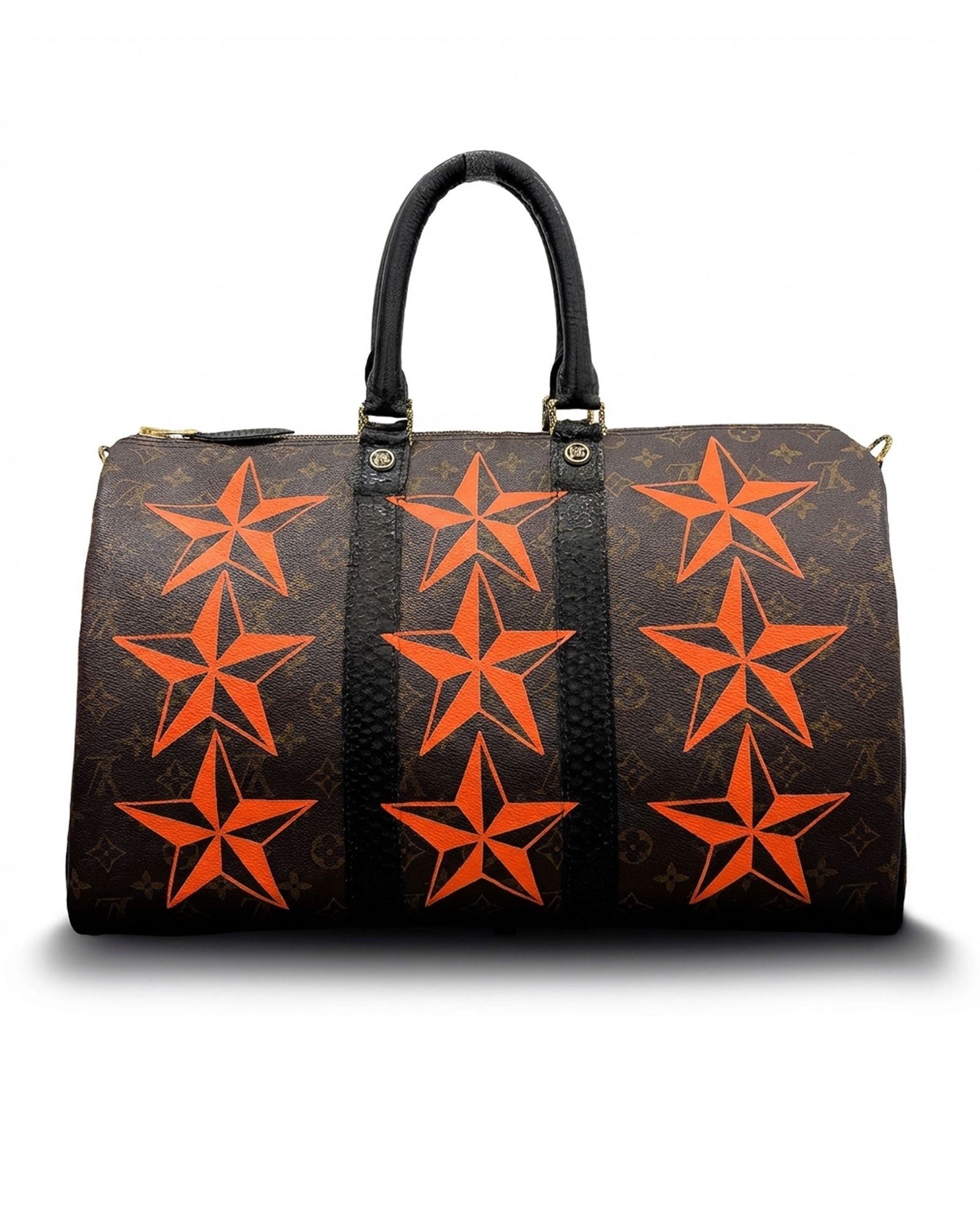 Speedy Louis Vuitton luxury vintage handbag, Model STARS from Pk.02 painted edition, back side in orange with painting squares reinterpreted by Philip Karto