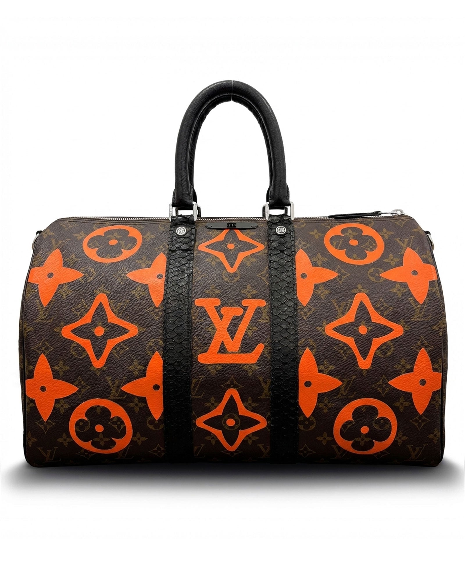 Speedy Louis Vuitton luxury vintage handbag, Model STARS from Pk.02 painted edition, front side with large painted LV symbols in orange, reinterpreted by Philip Karto
