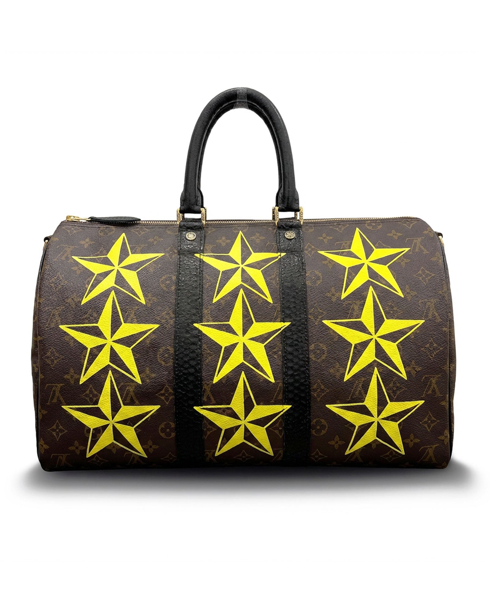 Speedy Louis Vuitton luxury vintage handbag, Model STARS from Pk.02 painted edition, back side in yellow with painting squares reinterpreted by Philip Karto