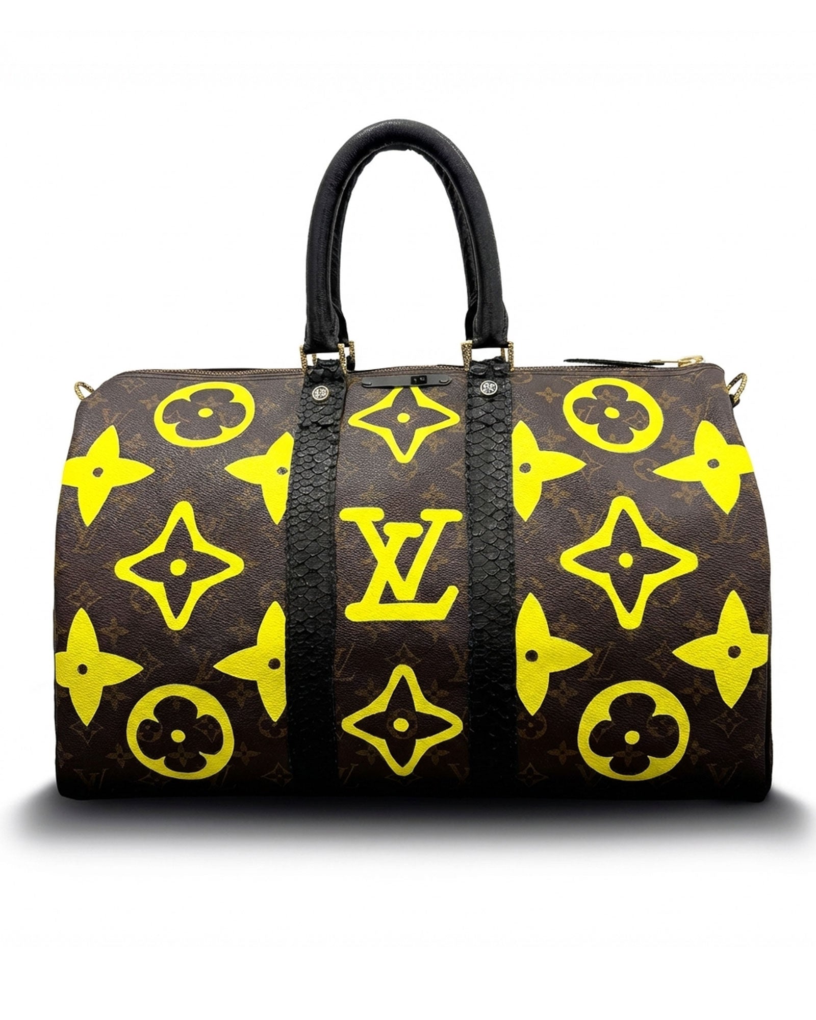 Speedy Louis Vuitton luxury vintage handbag, Model STARS from Pk.02 painted edition, front side with large painted LV symbols in yellow, reinterpreted by Philip Karto