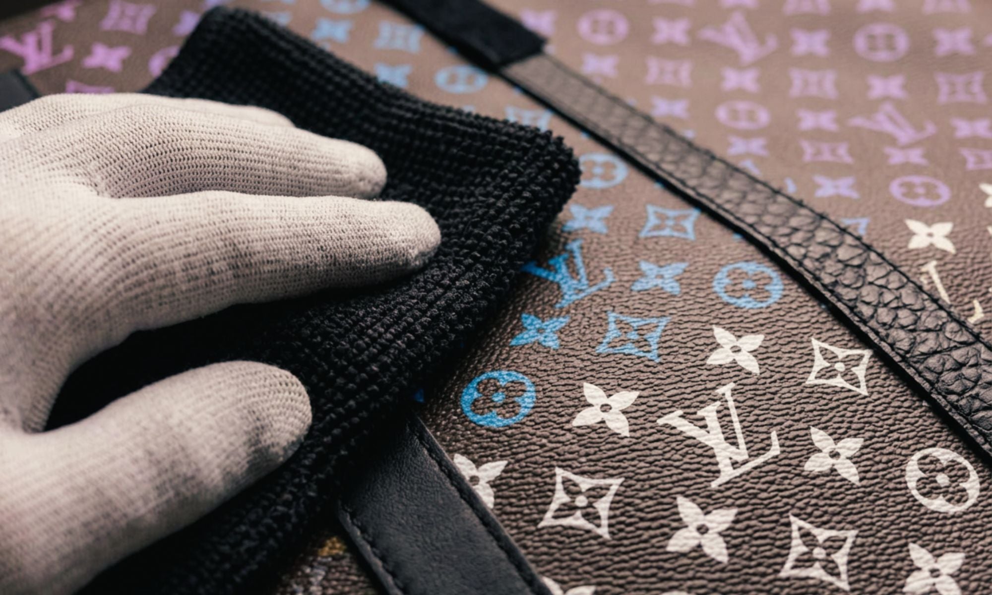 Care and maintenance: Philip Karto Luxury bags, showing a gloved hand cleaning a monogrammed canvas bag. Horizontal image for desktop.