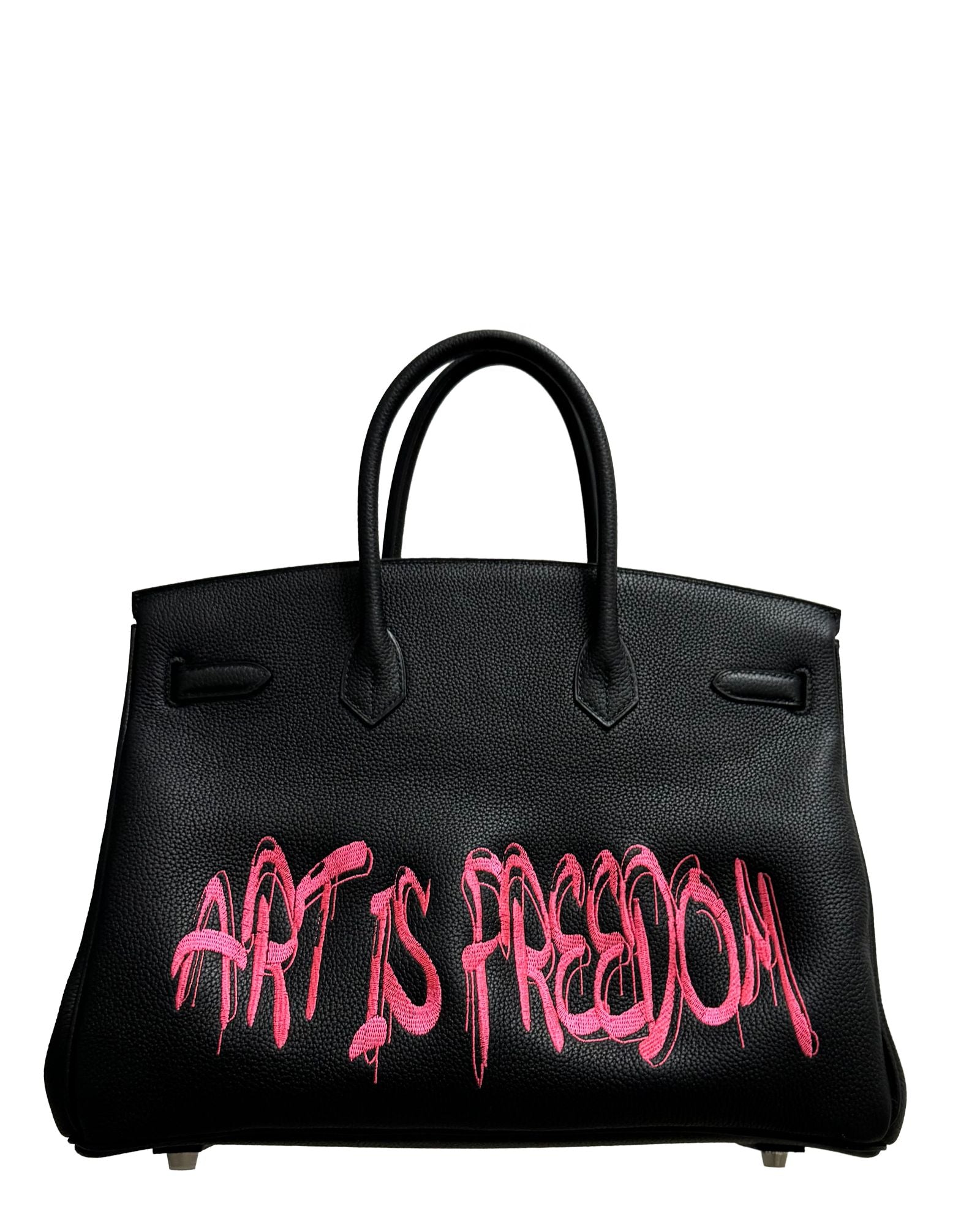 Back view of Philip Karto PK.01 Art Is Freedom Birkin bag with hand-painted statement on black Hermès leather