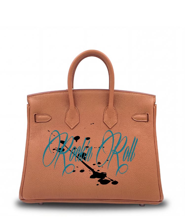 Philip Karto PK.02 Rock N Roll Birkin bag, close-up of blue Rock lettering and painted skull on gold Hermès Birkin leather