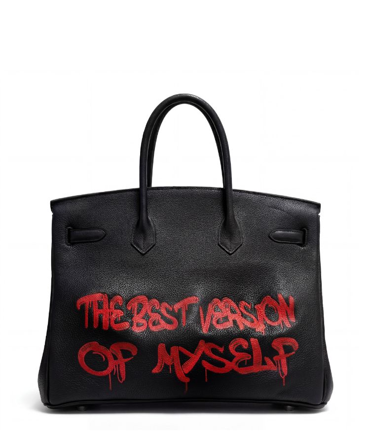 Philip Karto PK.02 The Best Version of Myself Birkin bag with hand-painted red script on black Hermès leather