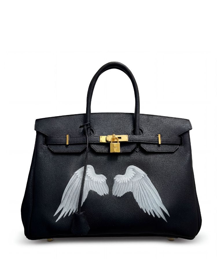Philip Karto PK.02 The Best Is Yet To Come Birkin bag with hand-painted white wings on black Hermès leather