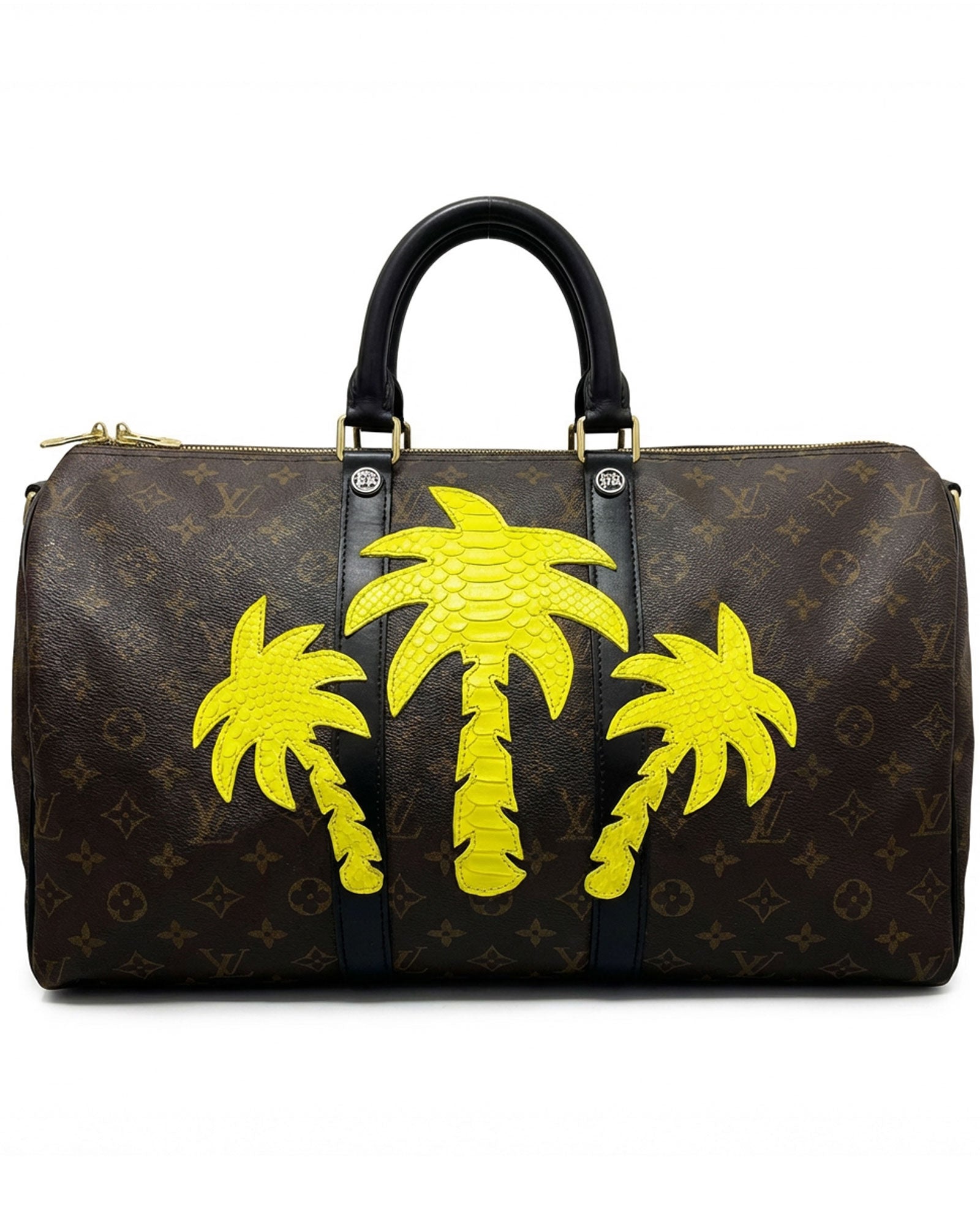 Philip Karto PK.05 Palms Python Keepall bag with python leather palm patches in yellow on vintage Louis Vuitton monogram canvas