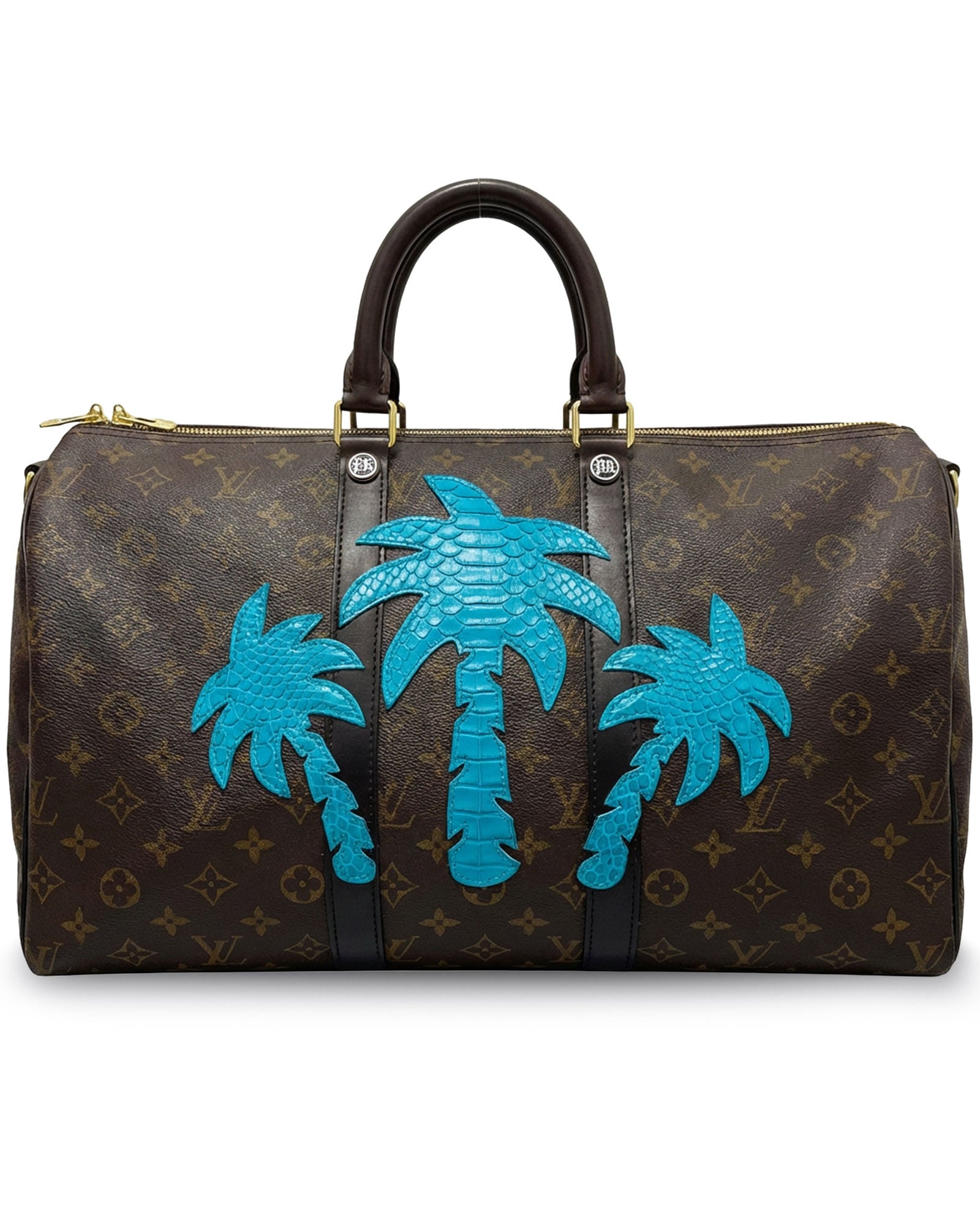 Philip Karto PK.05 Palms Python Keepall bag with python leather palm patches in blue on vintage Louis Vuitton monogram canvas