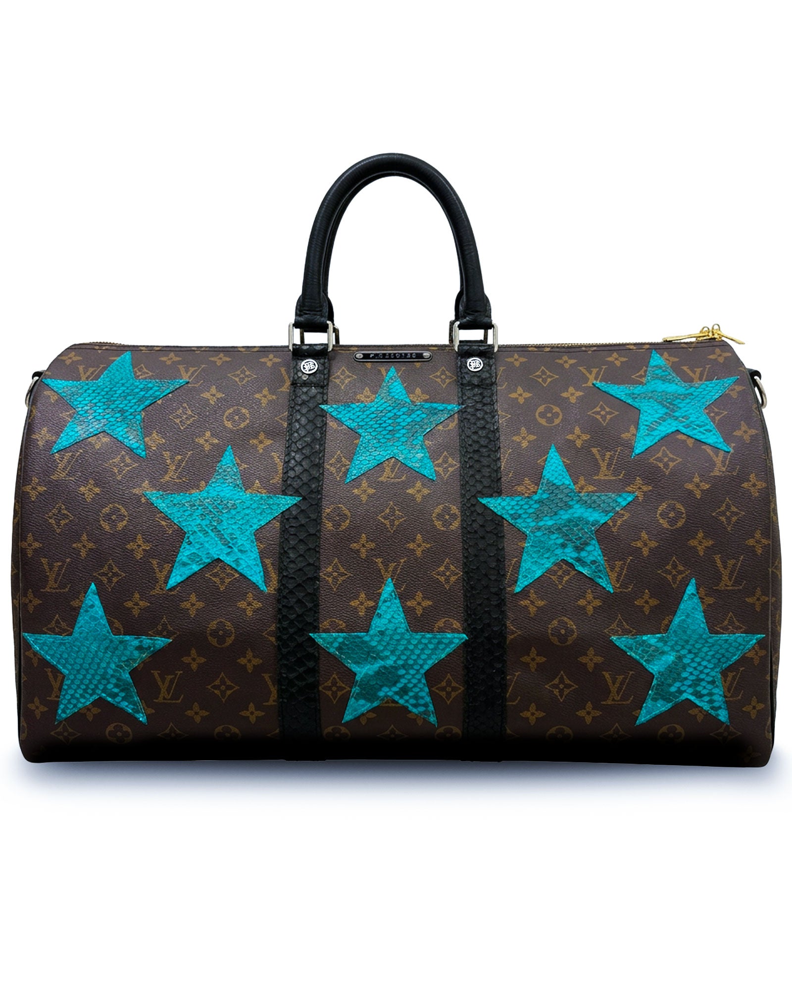 Philip Karto PK.05 Stars Python Keepall bag in blue with raised python leather stars on vintage Louis Vuitton monogram canvas