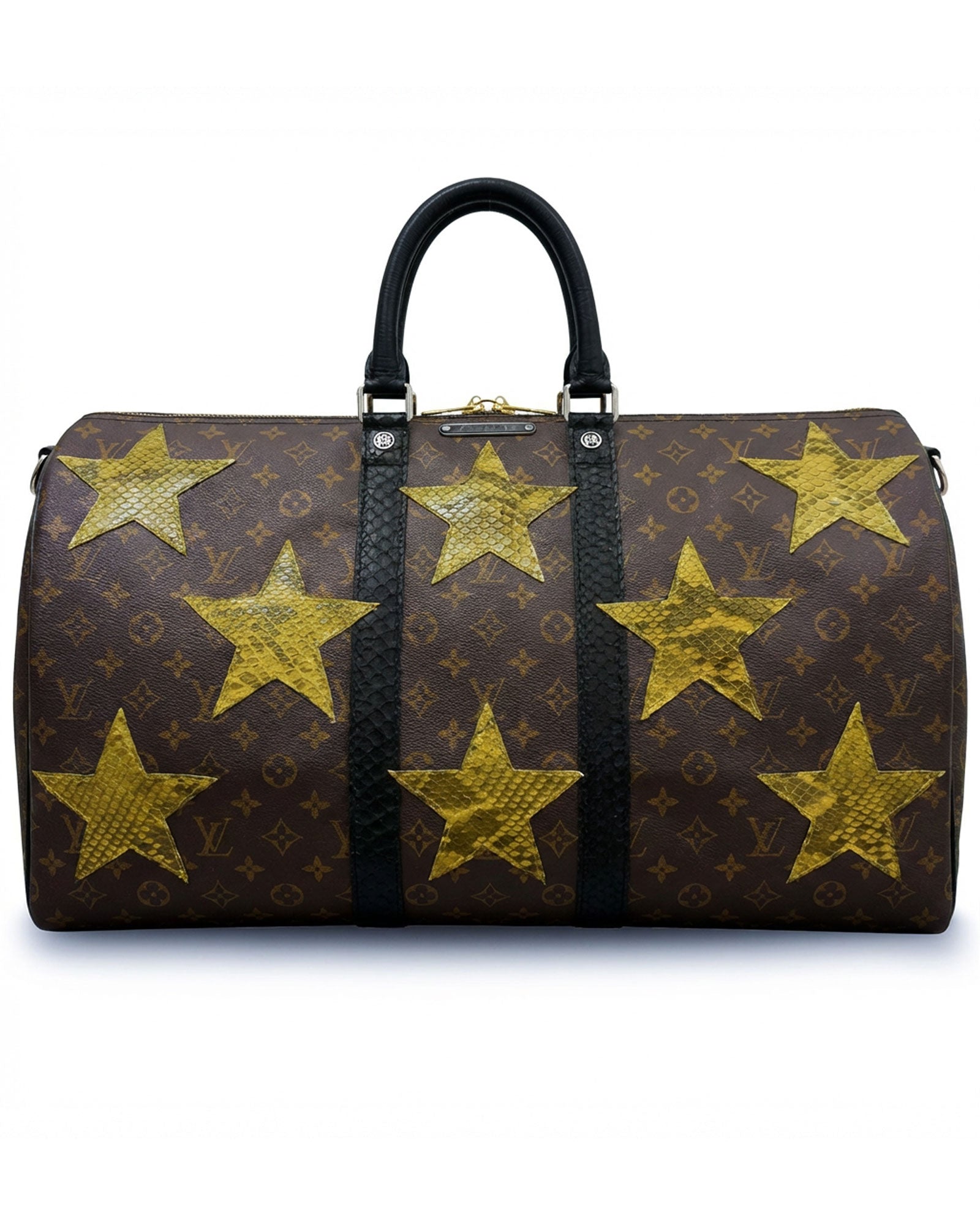 Philip Karto PK.05 Stars Python Keepall bag in olivewith raised python leather stars on vintage Louis Vuitton monogram canvas