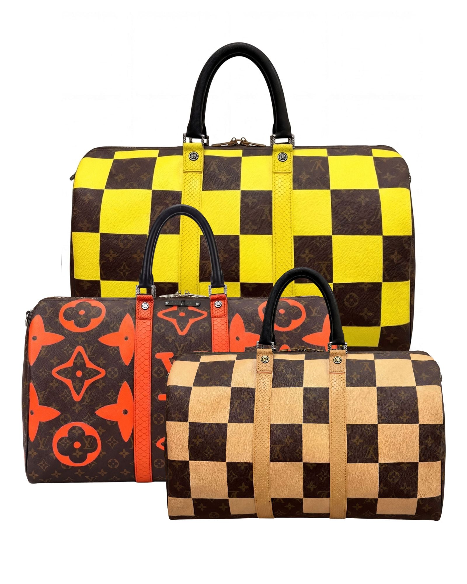 Three patterned LV Keepall by Philip Karto on a white background