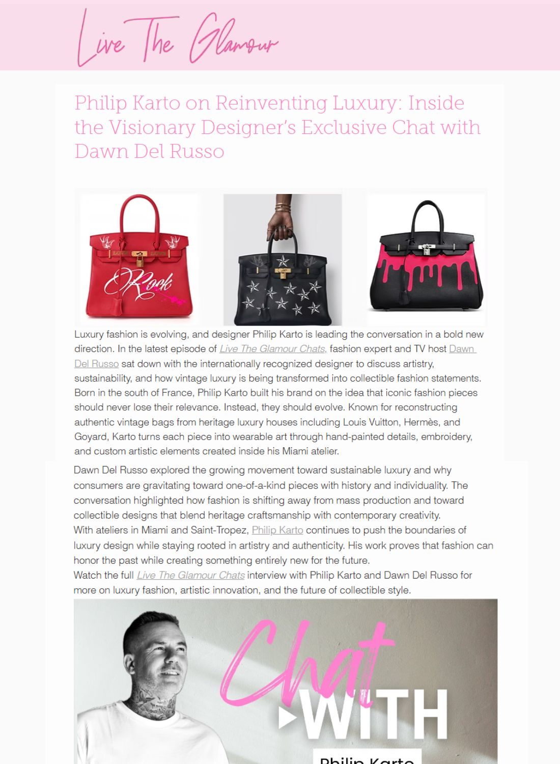 Philip Karto press - Promotional graphic for a chat with Philip Knoe featuring images of handbags and a person.