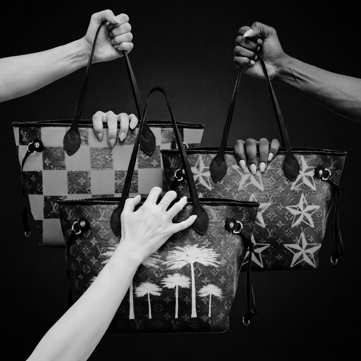 LV Neverfull tote bag collection revisited by Philip Karto. Three arms and hands are holding three diffferent bags on with painted stars, another one with painted squares and the last one with palm trees.