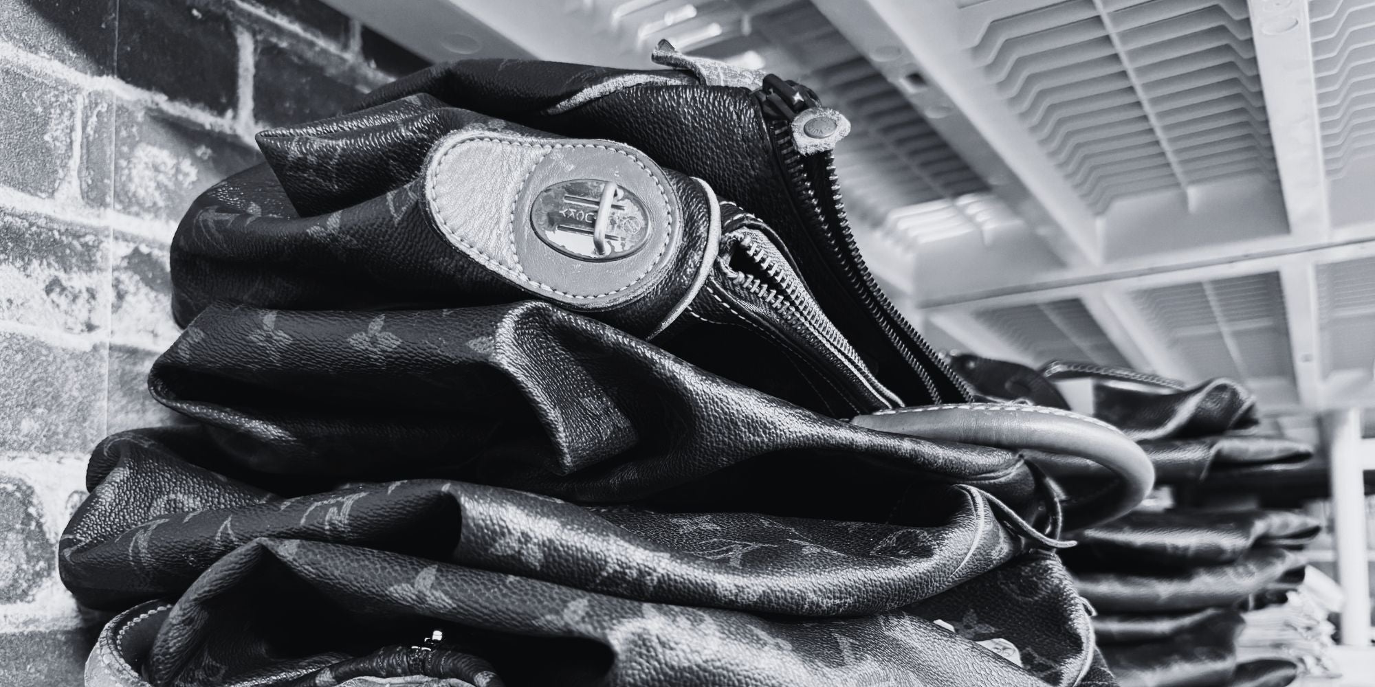 pile of Louis Vuitton monogram vintage bags in the Philip Karto atelier before restoration and transformation