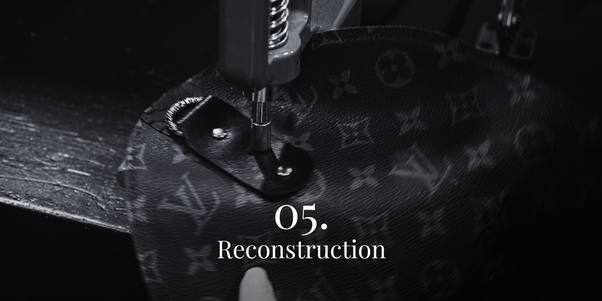 Black and white close-up image of the Philip Karto Atelier work on Louis Vuitton monogram canva