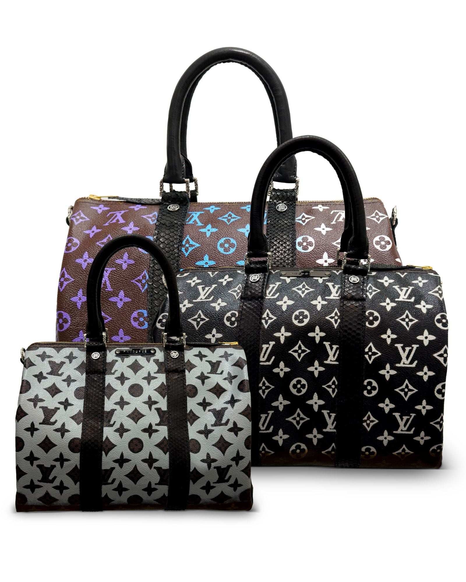 Set of 3 Speedy handbags with monogram pattern from the Pk. 02 Philip Karto collection: Size 40 is Rainbow, size 35 is Simple Black, and size 30 is Simple Gray, each with a white background. Easch
