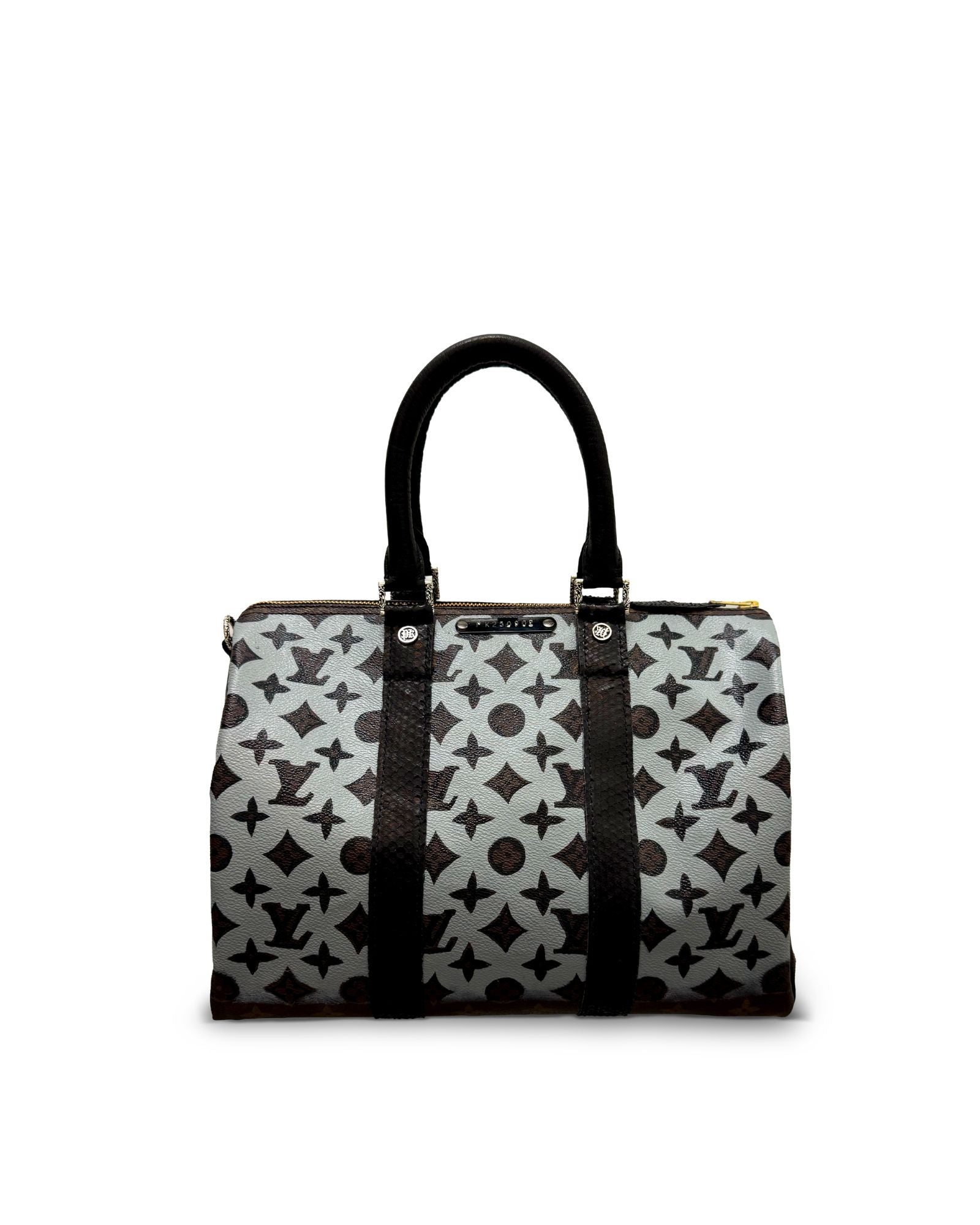 Philip Karto PK.02 Simple Gray Speedy bag front side hand-painted on vintage Louis Vuitton monogram canvas